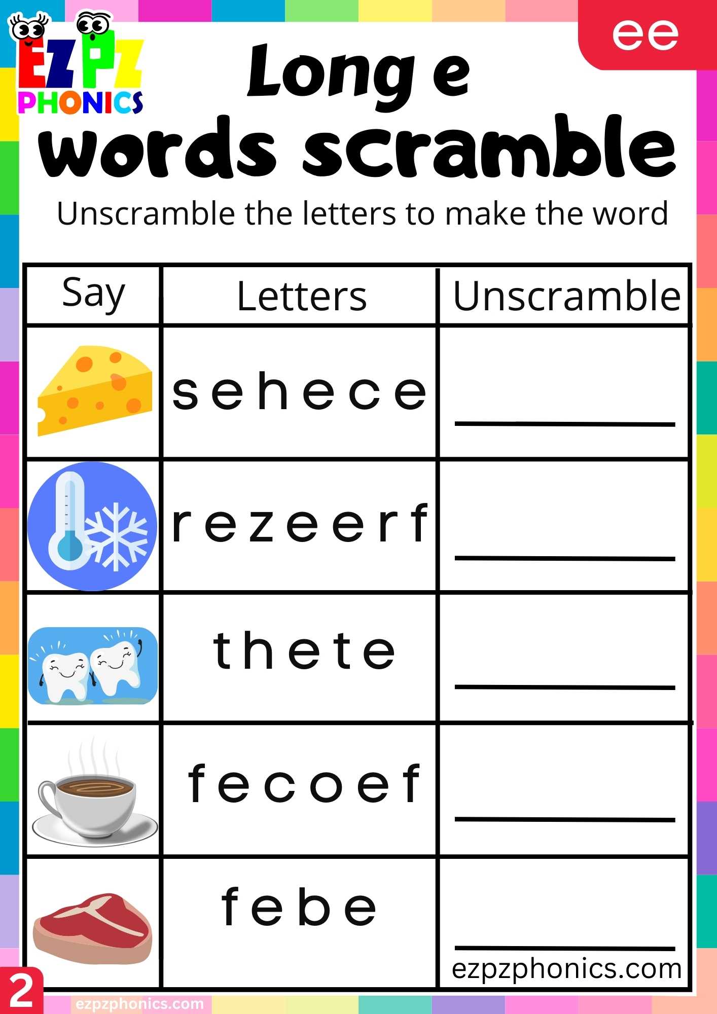Group2 EE Words Words Scramble Long E Phonics Worksheet